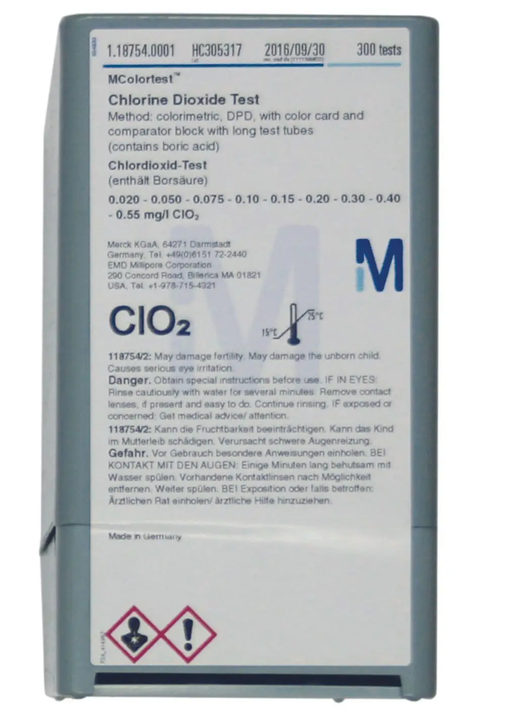 Chlordioxid-Testset von Judo mit farblich abgestimmten Vergleichsmaßstäben. Farbkarten und Testbehälter zur Durchführung von Wasseranalysen für Chlordioxidgehalt.